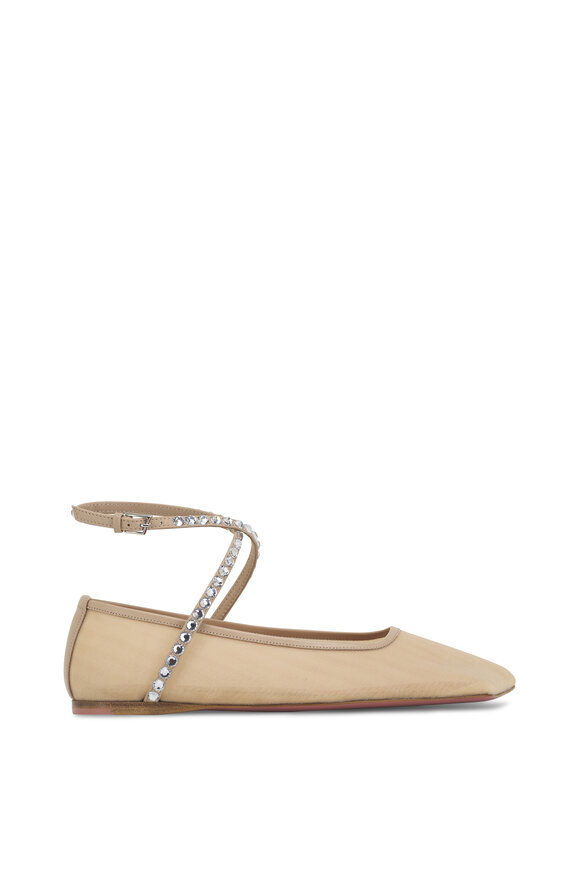 Amina Muaddi - Ane Latte Mesh Crystal Ankle Strap Flat