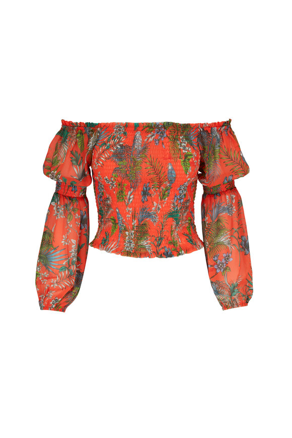 L'Agence - Cece Orange Multi Parrot Smocked Top