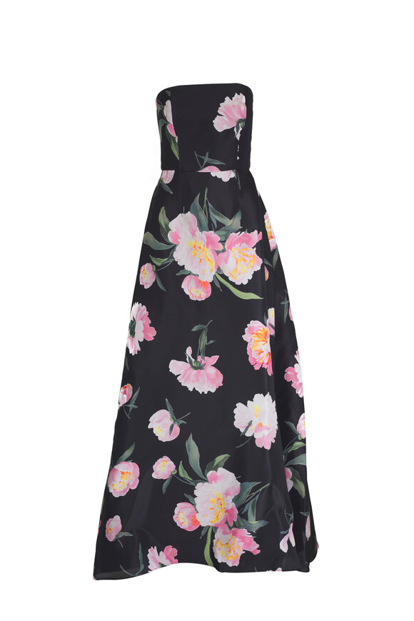 Carolina Herrera - Black Peony Floral Print Strapless A-line Gown