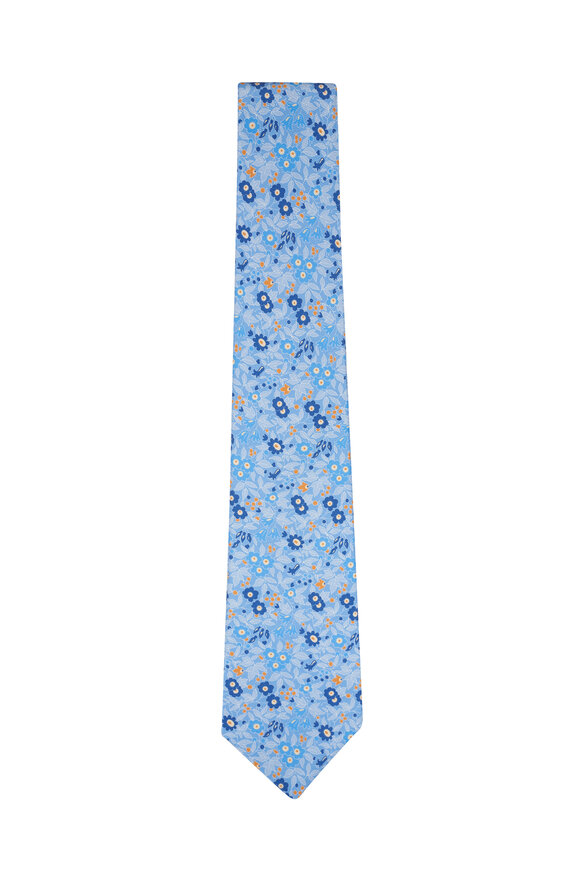 Kiton - Blue & Orange Floral Print Silk Necktie