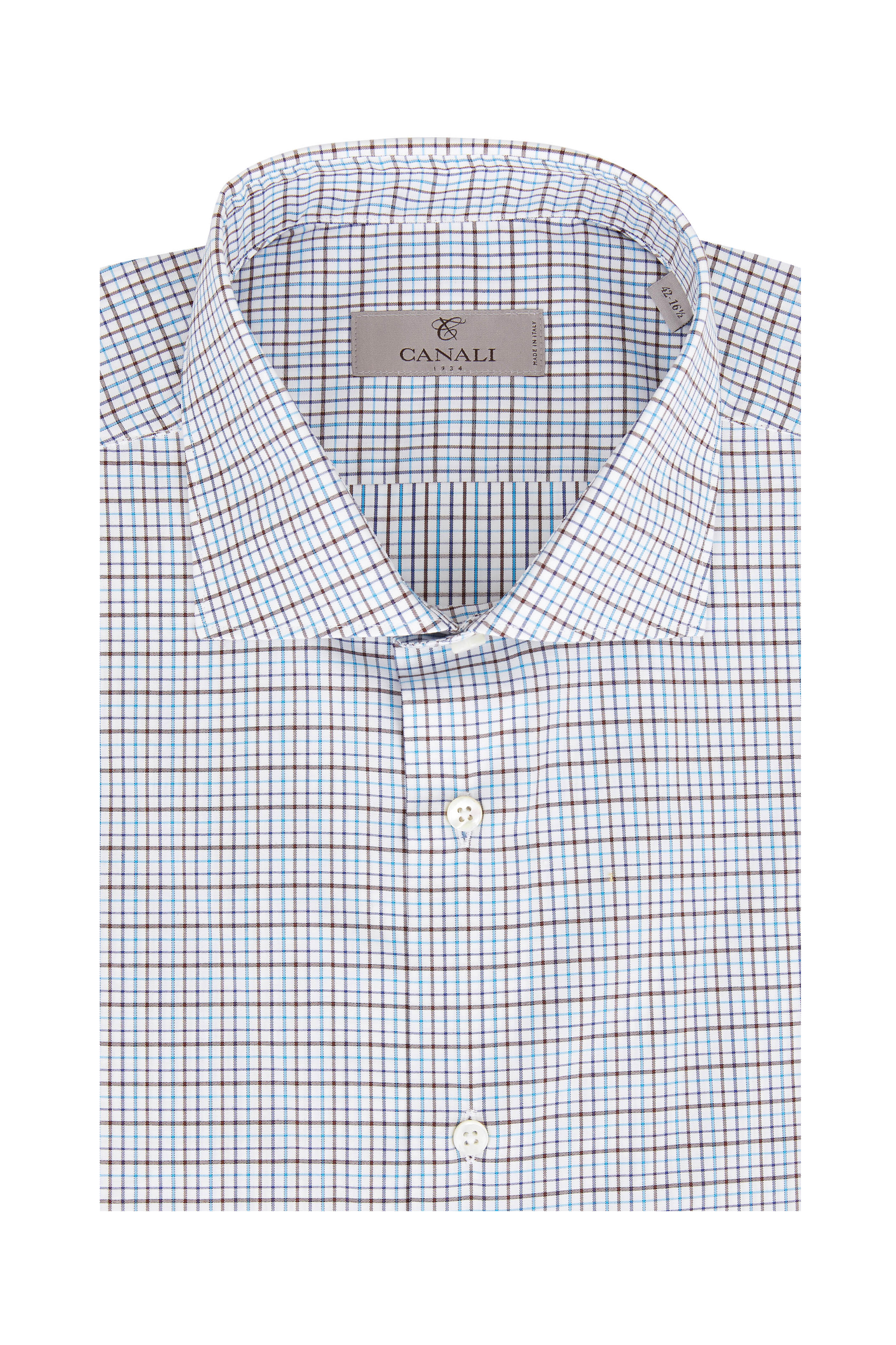 Canali - Teal & Brown Tattersall Modern Fit Dress Shirt