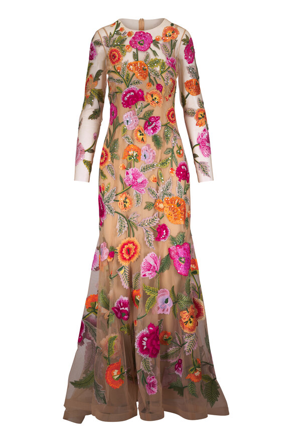Carolina Herrera Pink & Orange Multi Floral Embroidered Tulle Gown
