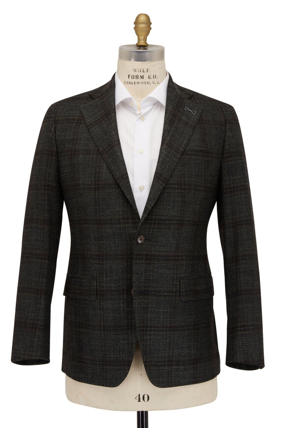 Atelier Munro - Olive Green & Brown Plaid Wool & Silk Sportcoat