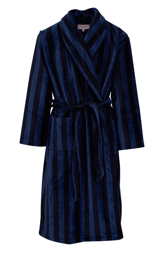 Derek Rose Aston 36 Navy Blue Striped Terry Velour Robe