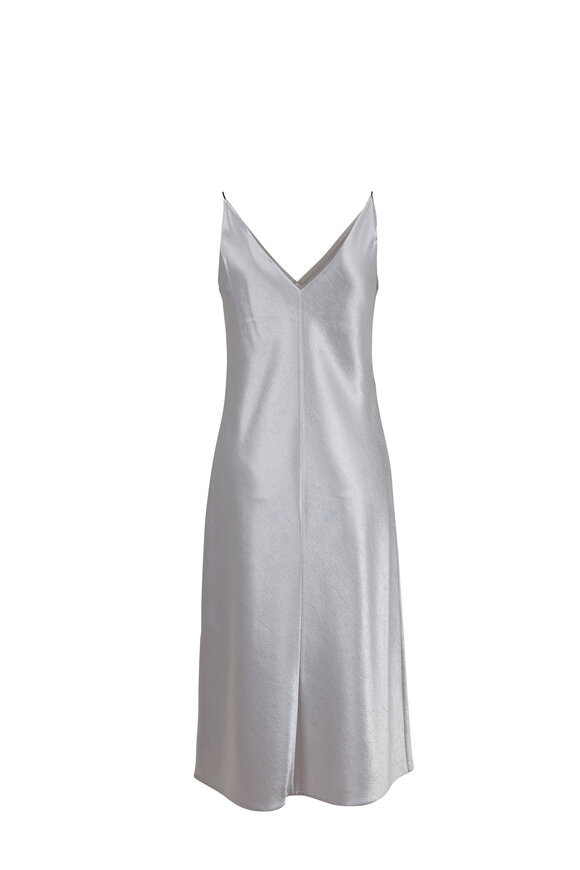 Vince - Metallic Silver Satin V-Neck Midi Slip Dress