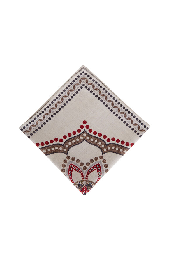 Brunello Cucinelli - Red & Gray Large Medallion Pocket Square 