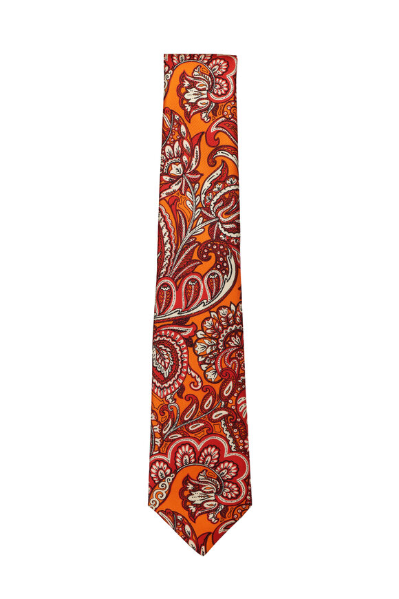 Kiton Orange Paisley Print Silk Necktie