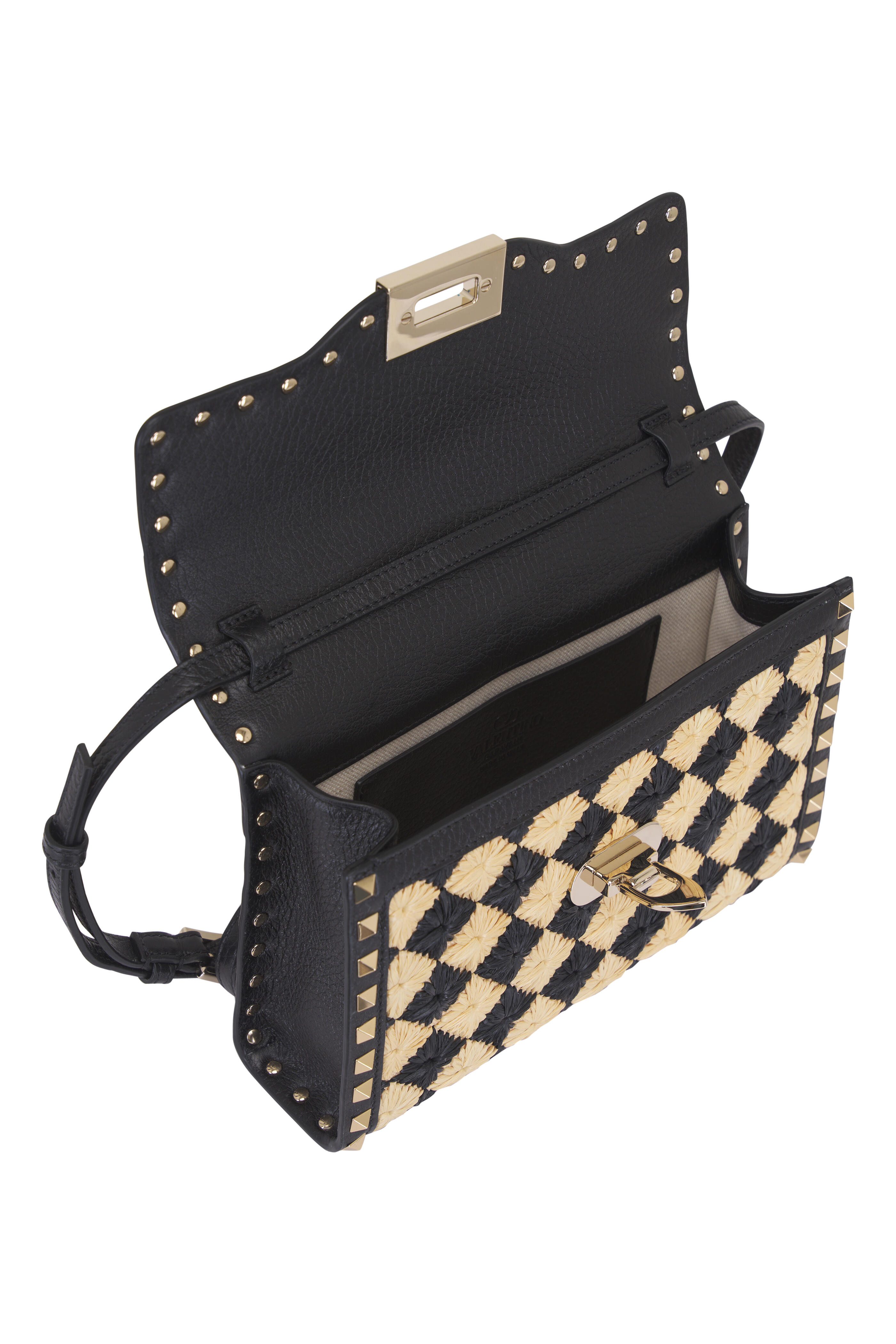 Valentino Garavani - Small Rockstud Natural & Black Raffia Shoulder Bag