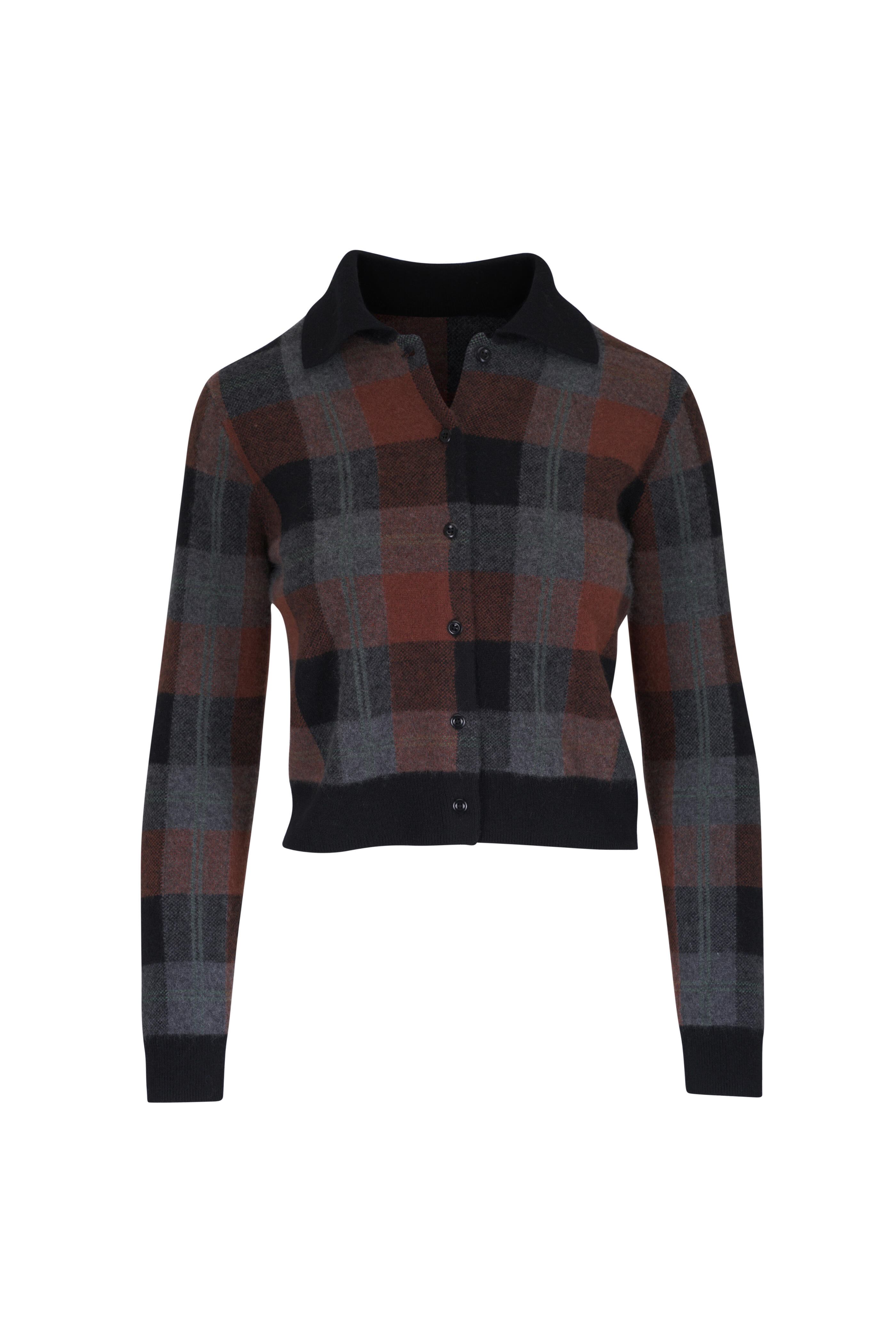 Vince - Black & Cacao Multi Plaid Cashmere Polo Cardigan