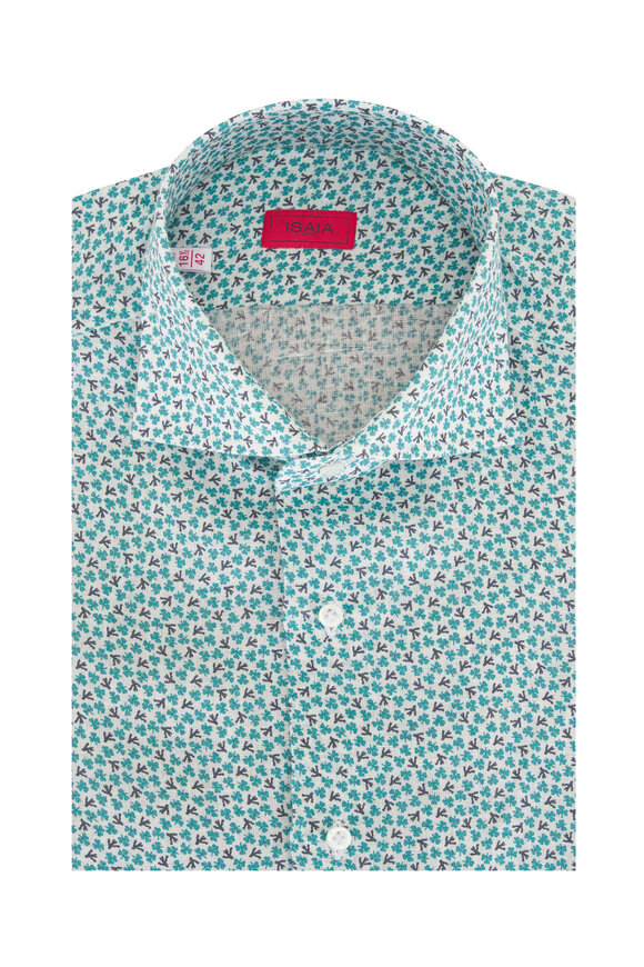 Isaia Green & White Floral Linen Sport Shirt