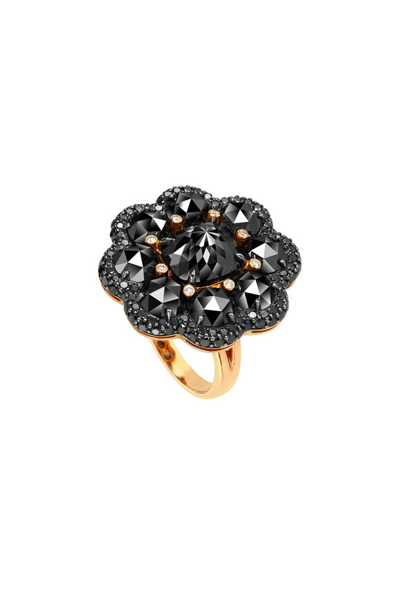 Etho Maria - 18K Pink Gold Black Diamond Flower Ring 