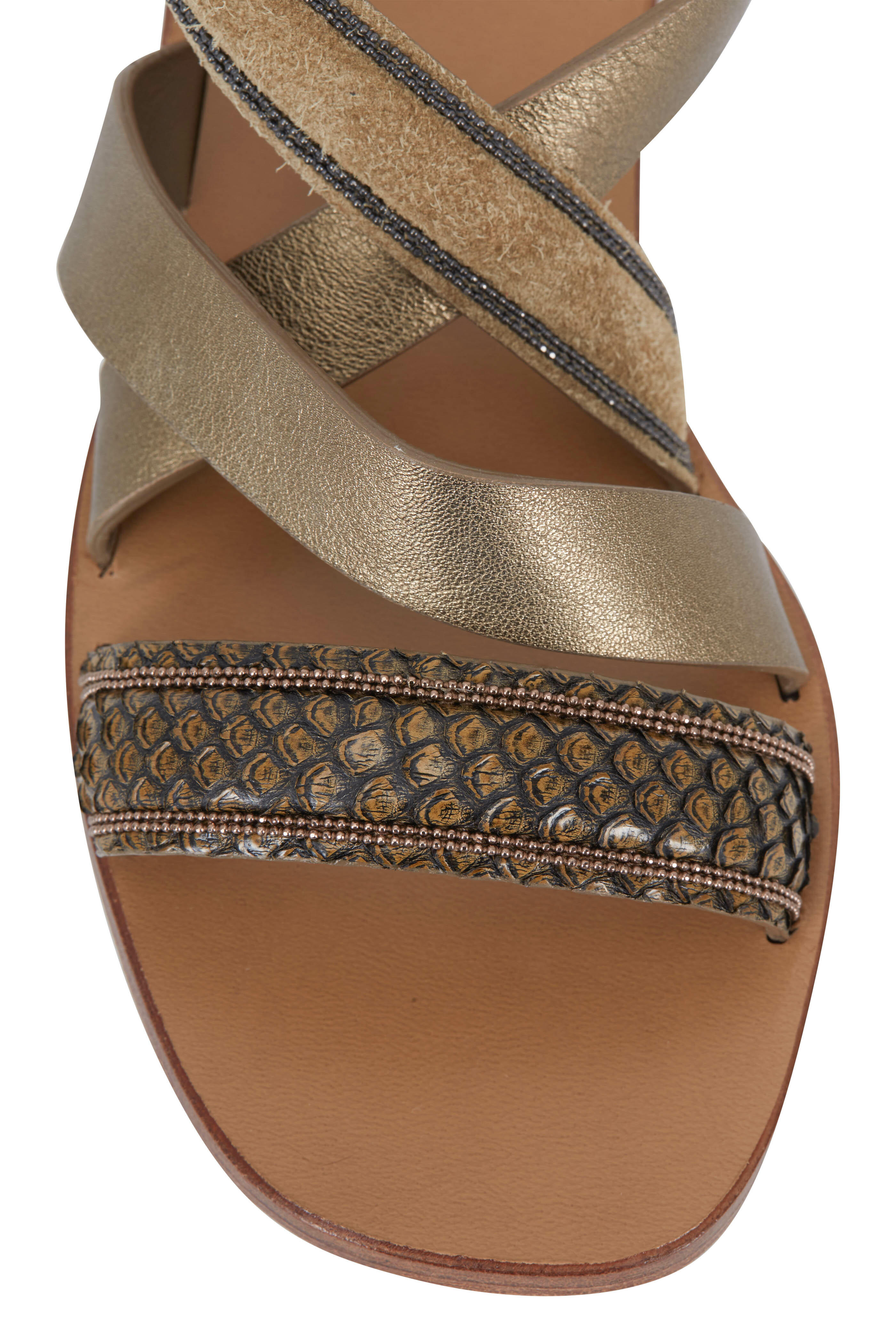 Brunello Cucinelli - Olive Mix-Media Criss-Cross Flat Sandal
