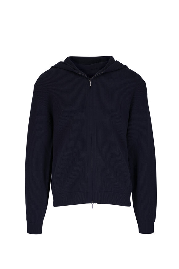 Loro Piana Sloop Hooded Navy Wool Bomber Sweater
