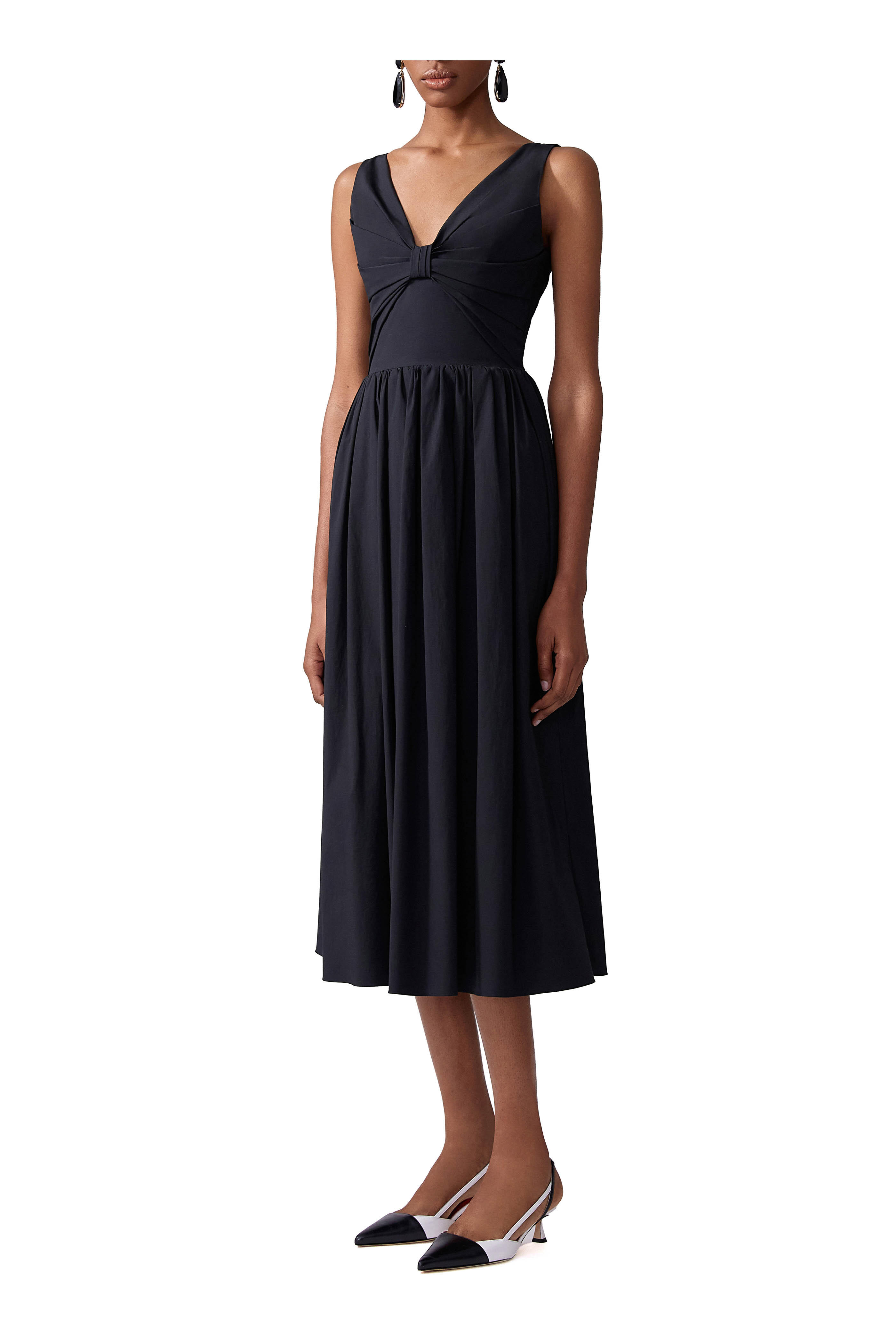 Carolina Herrera - Black Gathered Stretch Cotton Midi Dress