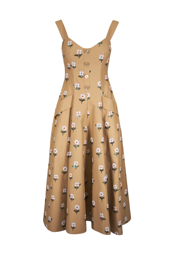 Talbot Runhof Light Brown Sequin Floral Sleeveless Midi Dress