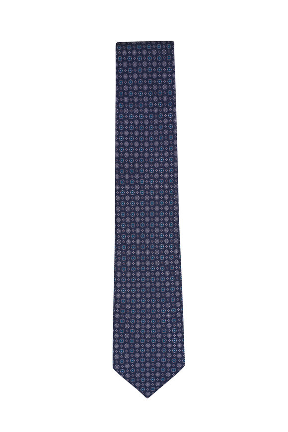 Brioni Navy Geometric Print Silk Necktie