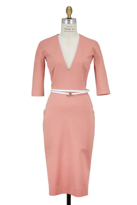 Victoria Beckham - Blush Three-Quarter Sleeve Belted Dress 