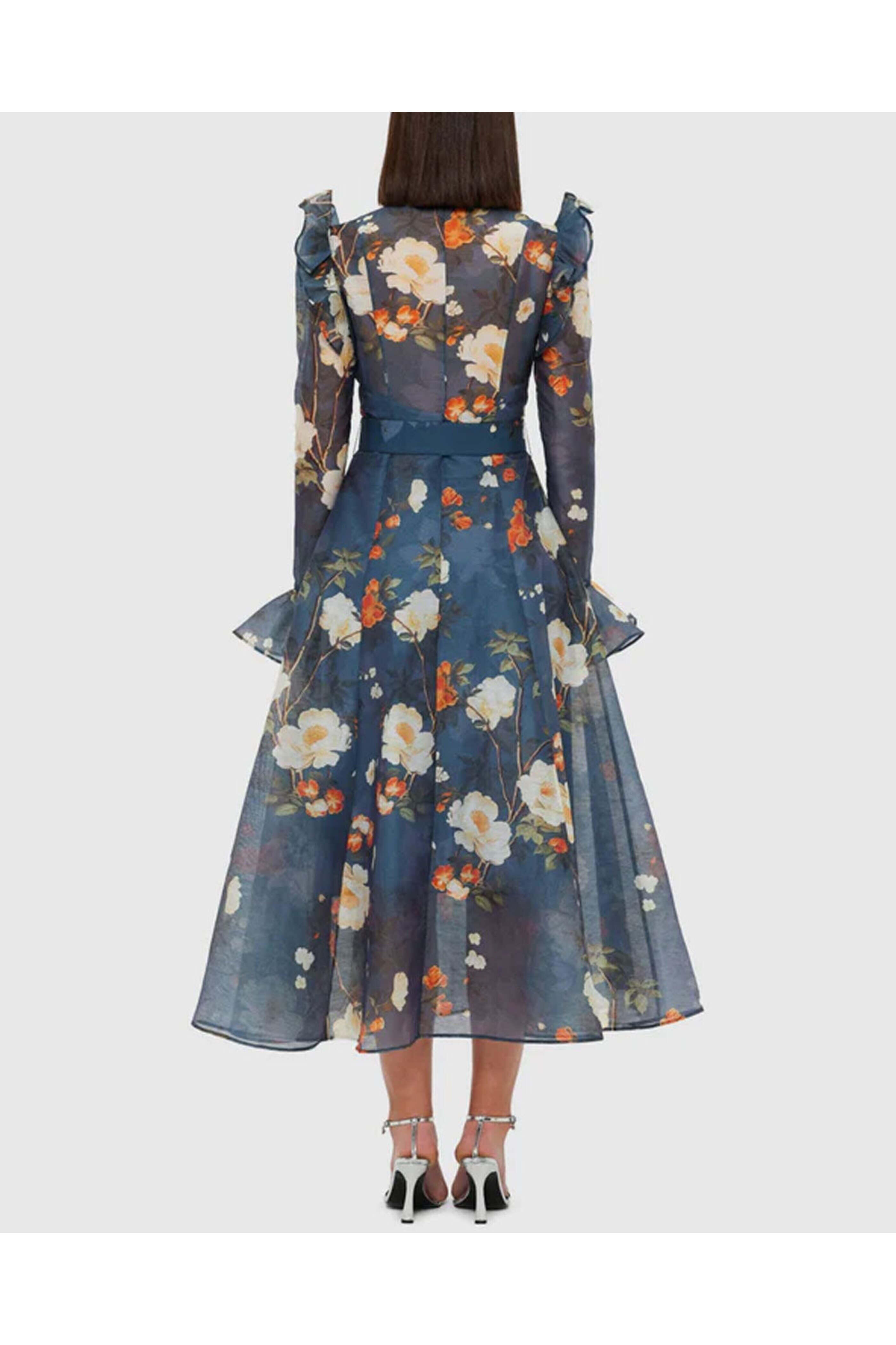 Leo Lin - Pear Blossom Print Katrina Butterfly Sleeve Midi