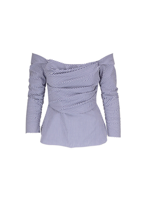 Carolina Herrera - Blue & White Stripe Off-the-Shoulder Blouse 