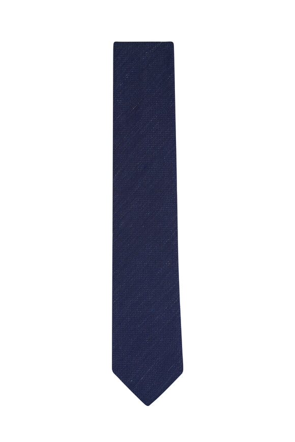 Canali Neat Navy Blue Linen & Silk Textured Necktie - view 1