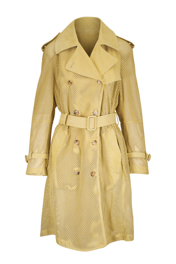 Michael Kors Collection Palomino Yellow Perforated Suede Trench Coat