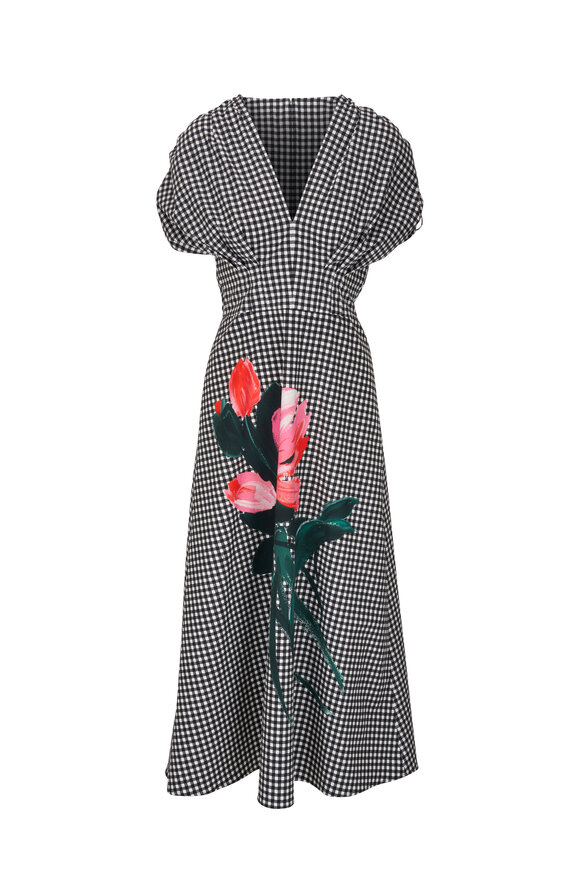 Lela Rose - Black Gingham Floral Print V-Neck Midi Dress