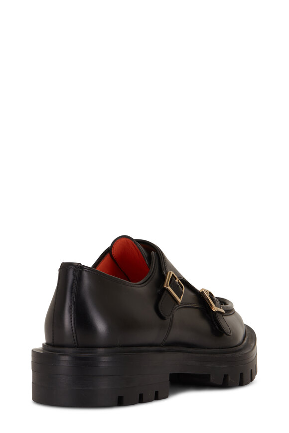 Santoni - Feint Black Leather Double Buckle Loafer