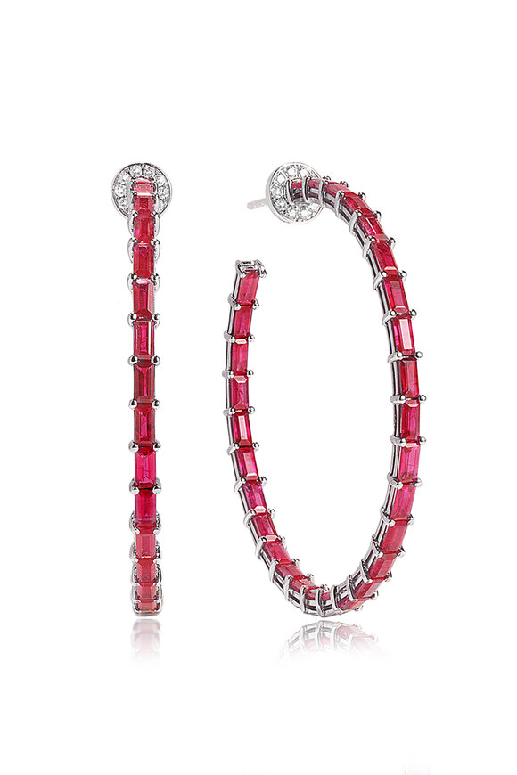 Nam Cho 18k White Gold Ruby Diamond Baguette Hoop Earrings