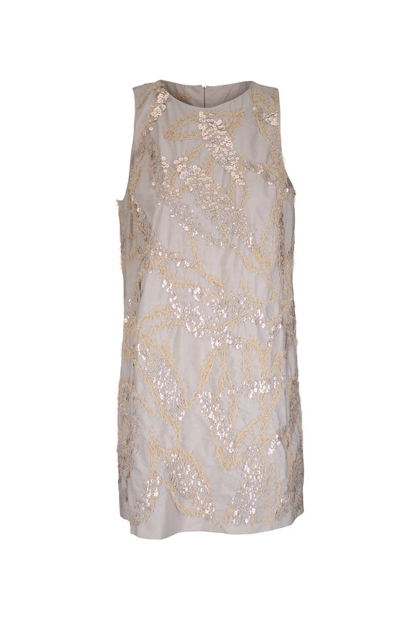 Brunello Cucinelli Beige Techno Poplin Seabed Embroidered Mini Dress