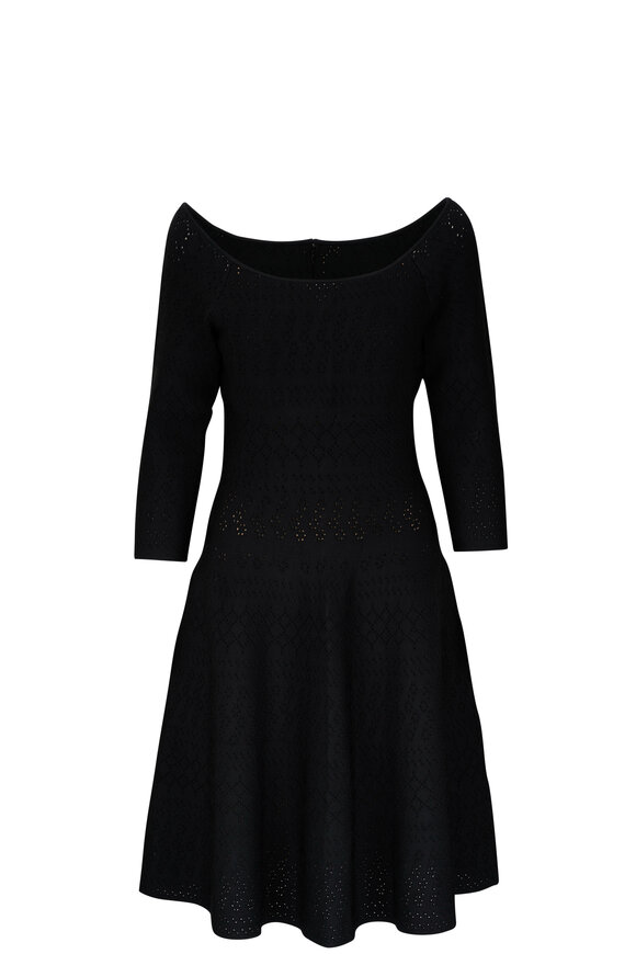 Carolina Herrera - Black Bateau Neck Knit Flare Midi Dress