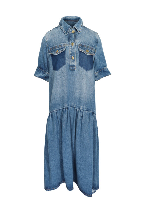 Ganni Blue Denim Drop Waist Midi Dress