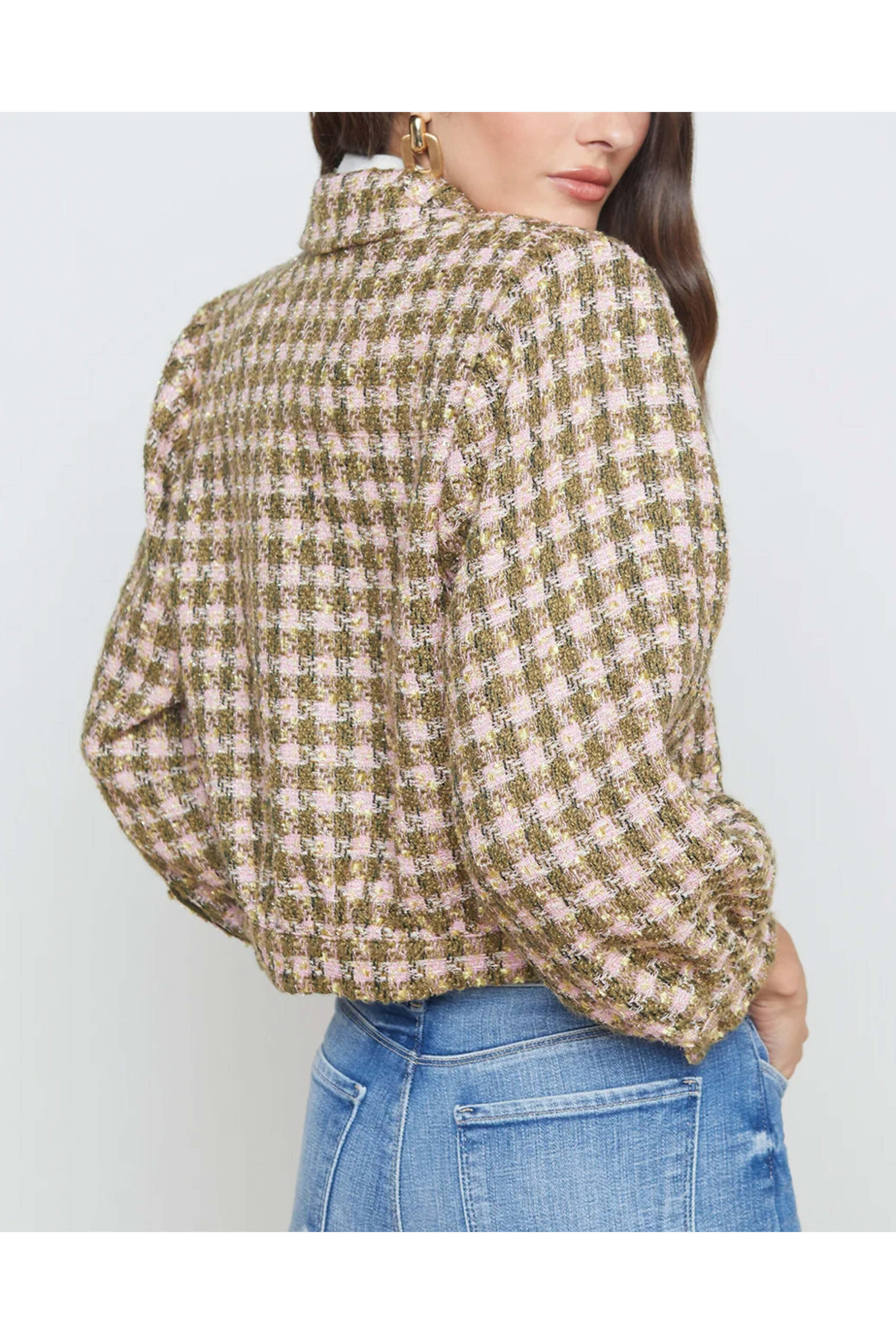 L'Agence - Army and Light Pink Check Bridges Crop Jacket