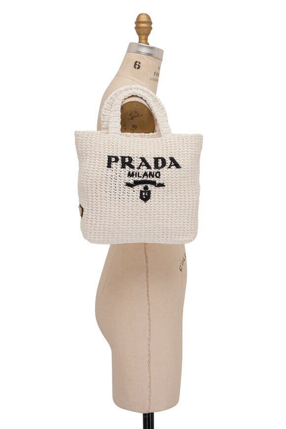 Prada - Small White Raffia Crochet Tote Bag