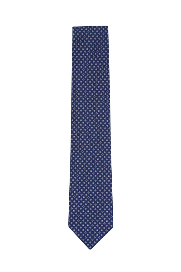 Brioni Navy Flannel Silk Micro Motif Print Necktie