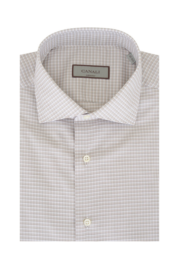 Canali Gray & Beige Check Cotton Dress Shirt
