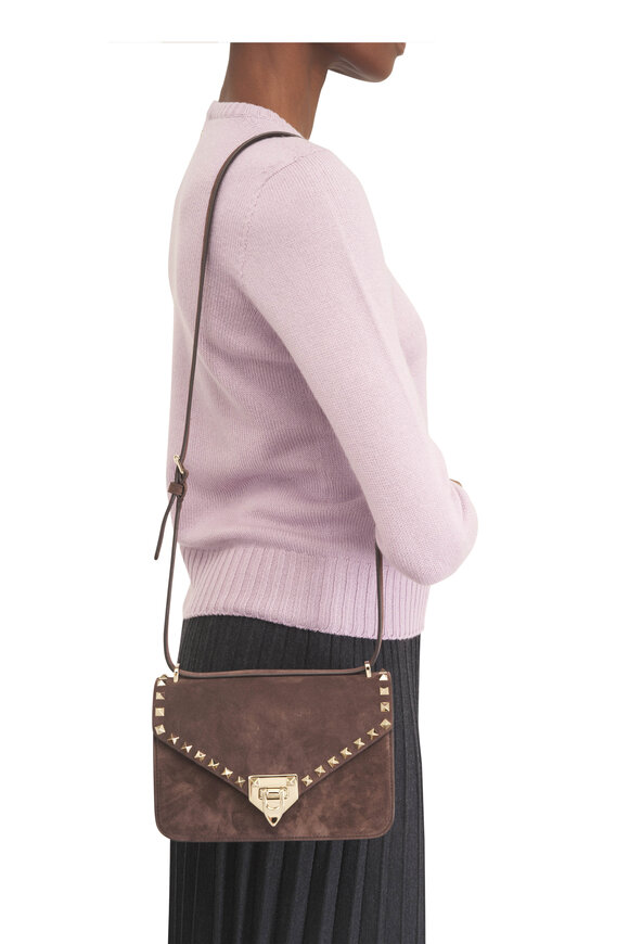 Valentino Garavani Small Rockstud Ebony Suede Shoulder Bag - view 3