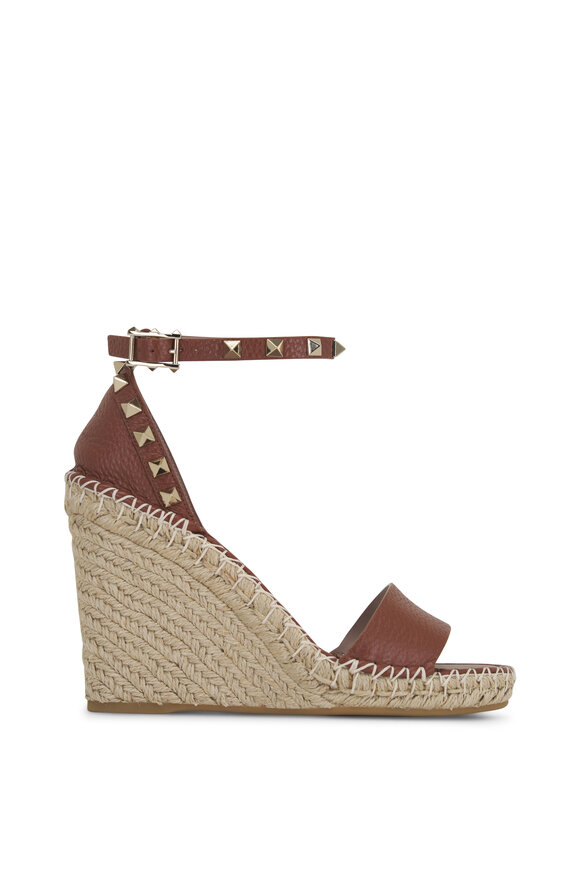 Valentino Garavani - Dark Tan Leather Rockstud Espadrille Wedge, 100mm