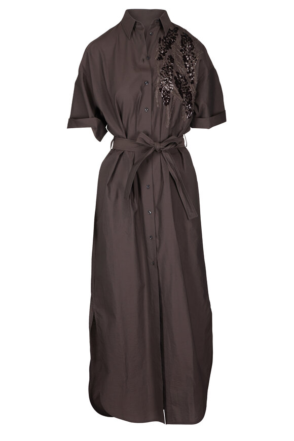 Brunello Cucinelli - Brown Techno Poplin Embroidered Shirtdress