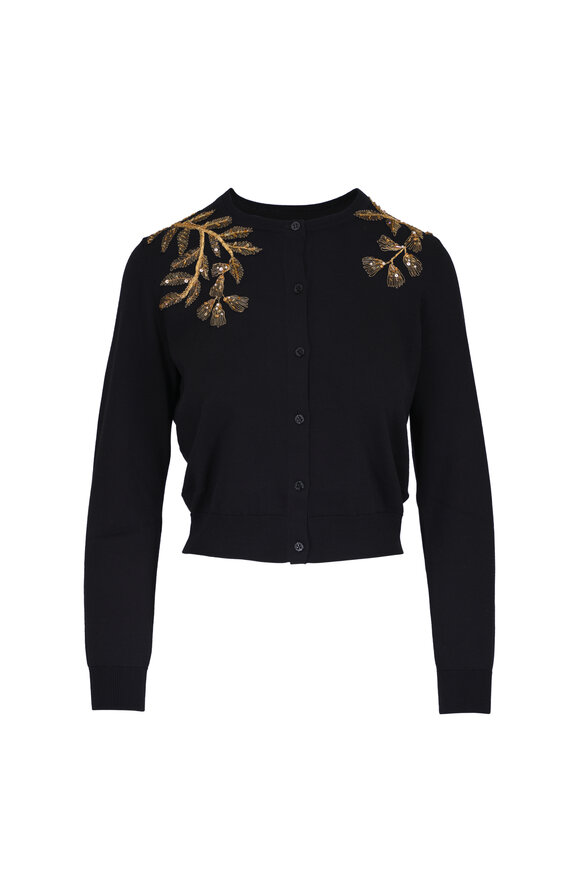 Carolina Herrera Black Silk & Cotton Gold Leaf Embroidered Cardigan