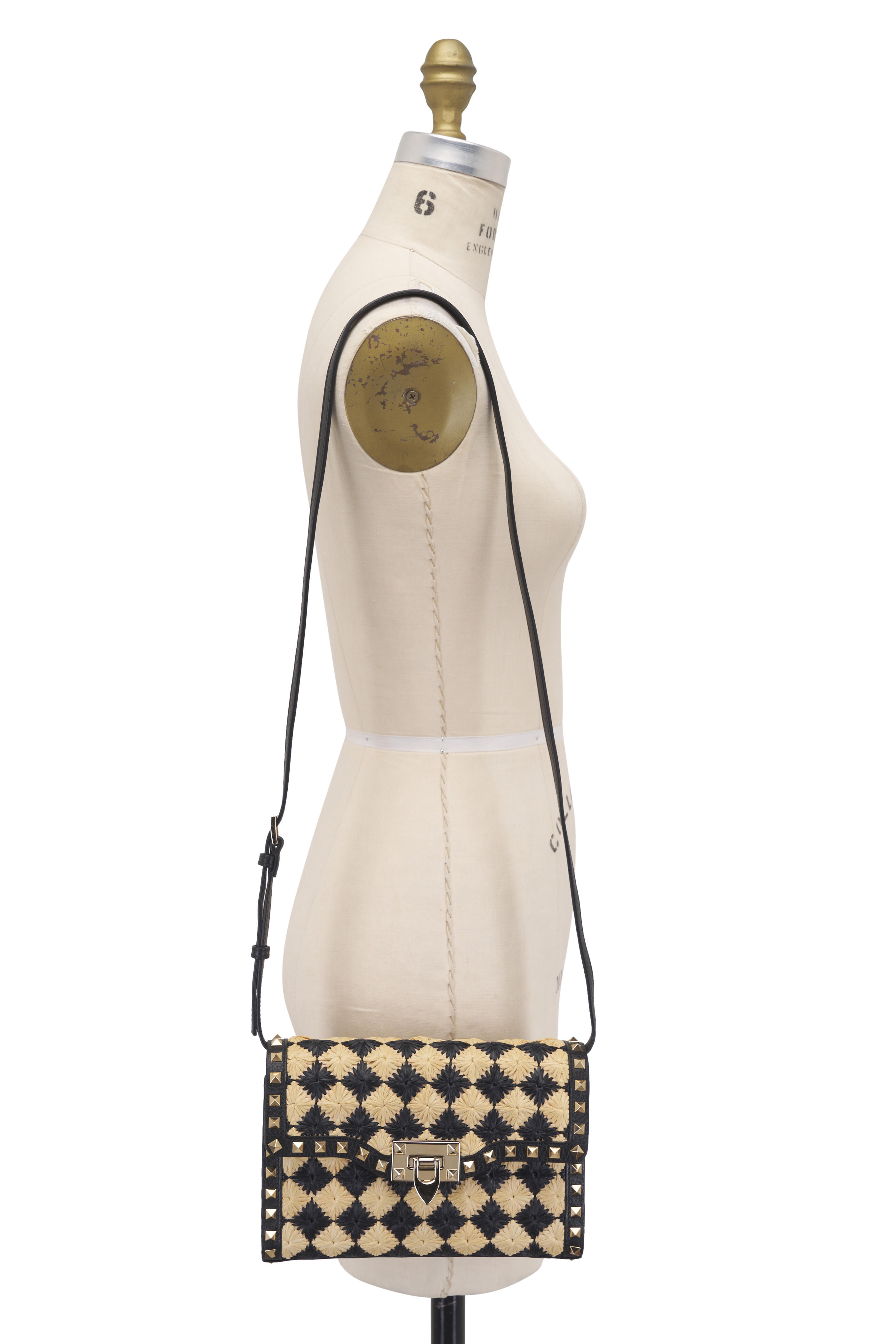 Valentino Garavani - Small Rockstud Natural & Black Raffia Shoulder Bag