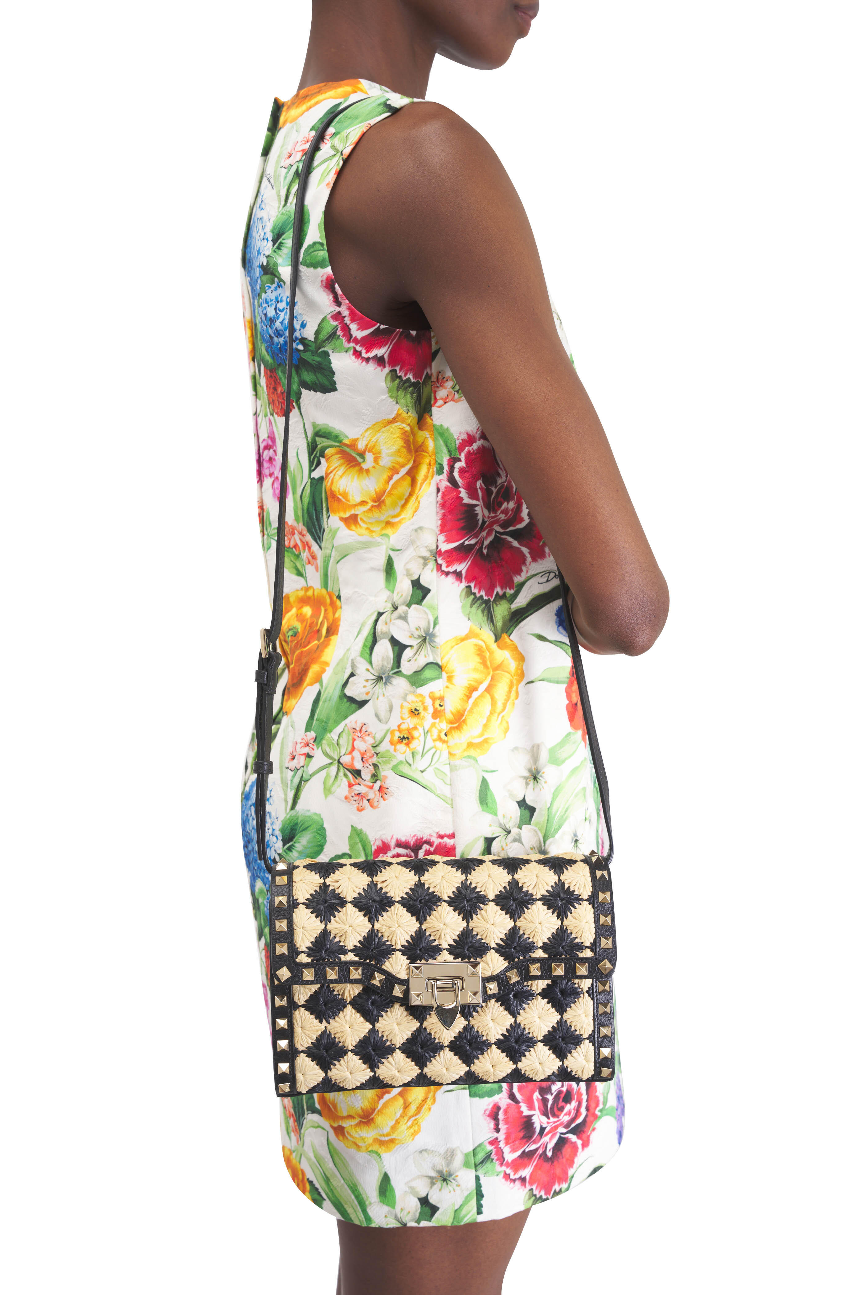 Valentino Garavani - Small Rockstud Natural & Black Raffia Shoulder Bag