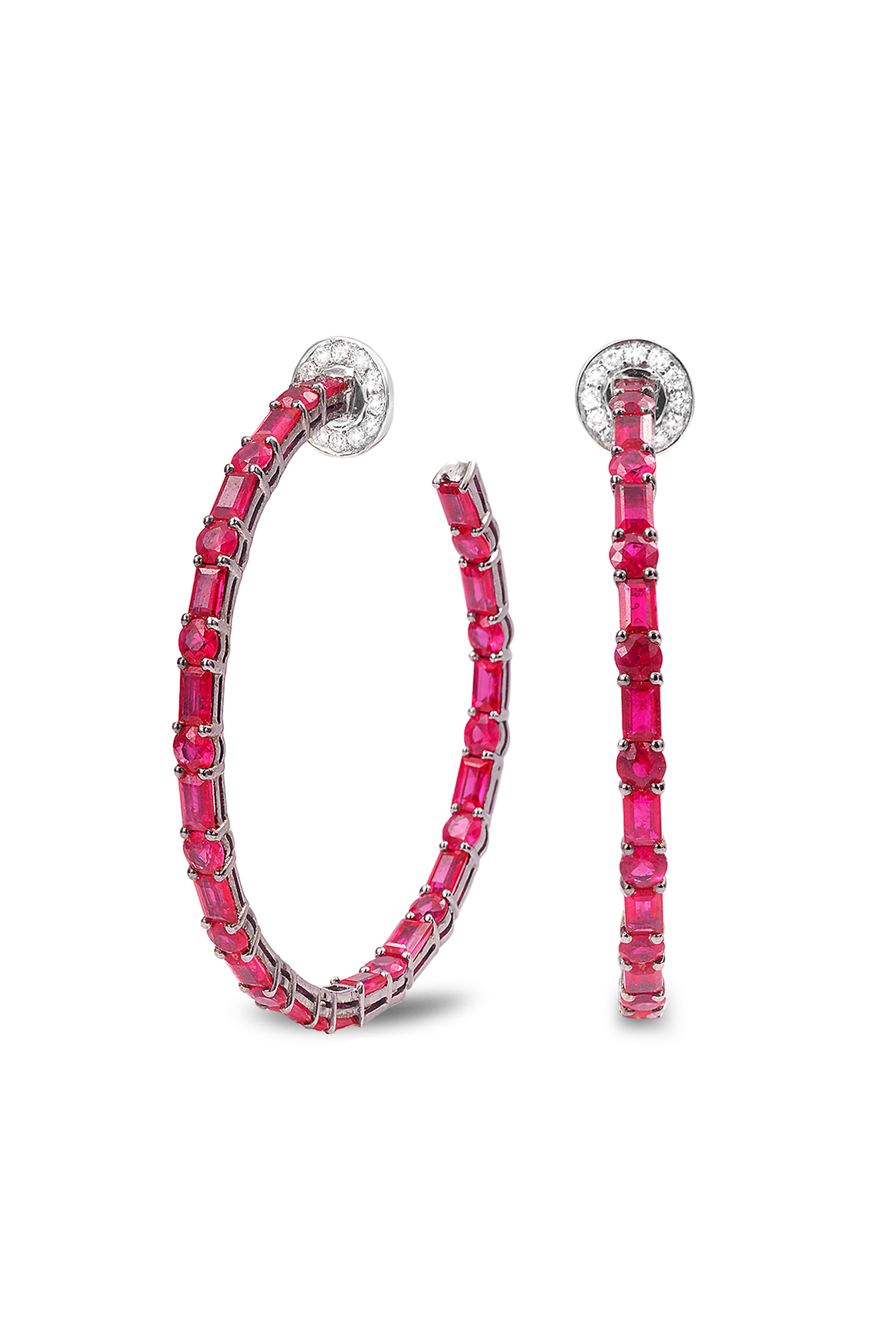 Nam Cho - 18k Ruby Diamond Baguette & Round Hoop Earrings - view 1