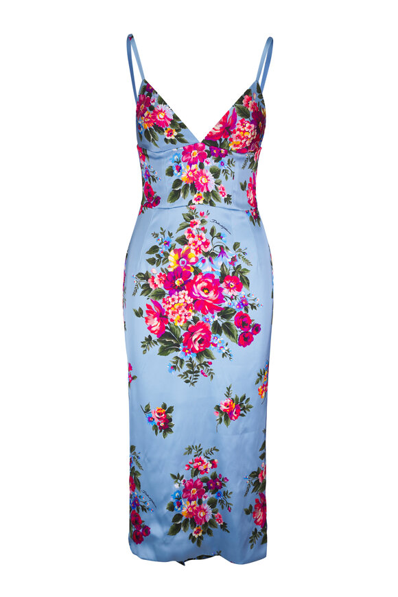 Dolce & Gabbana Blue Floral Bouquet Satin Midi Dress - view 1
