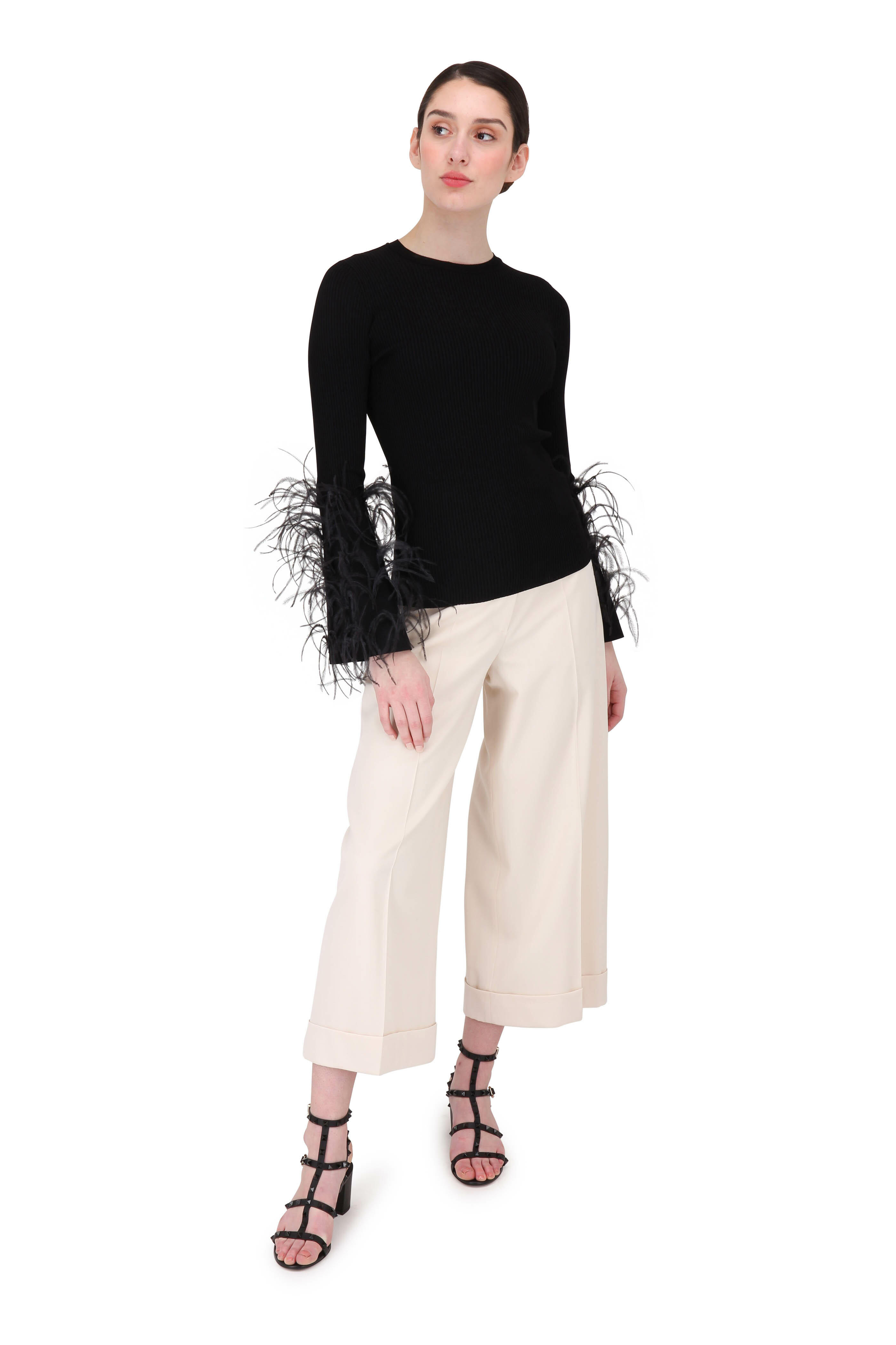 Valentino - Black Knit Ribbed Feather Sleeve Top