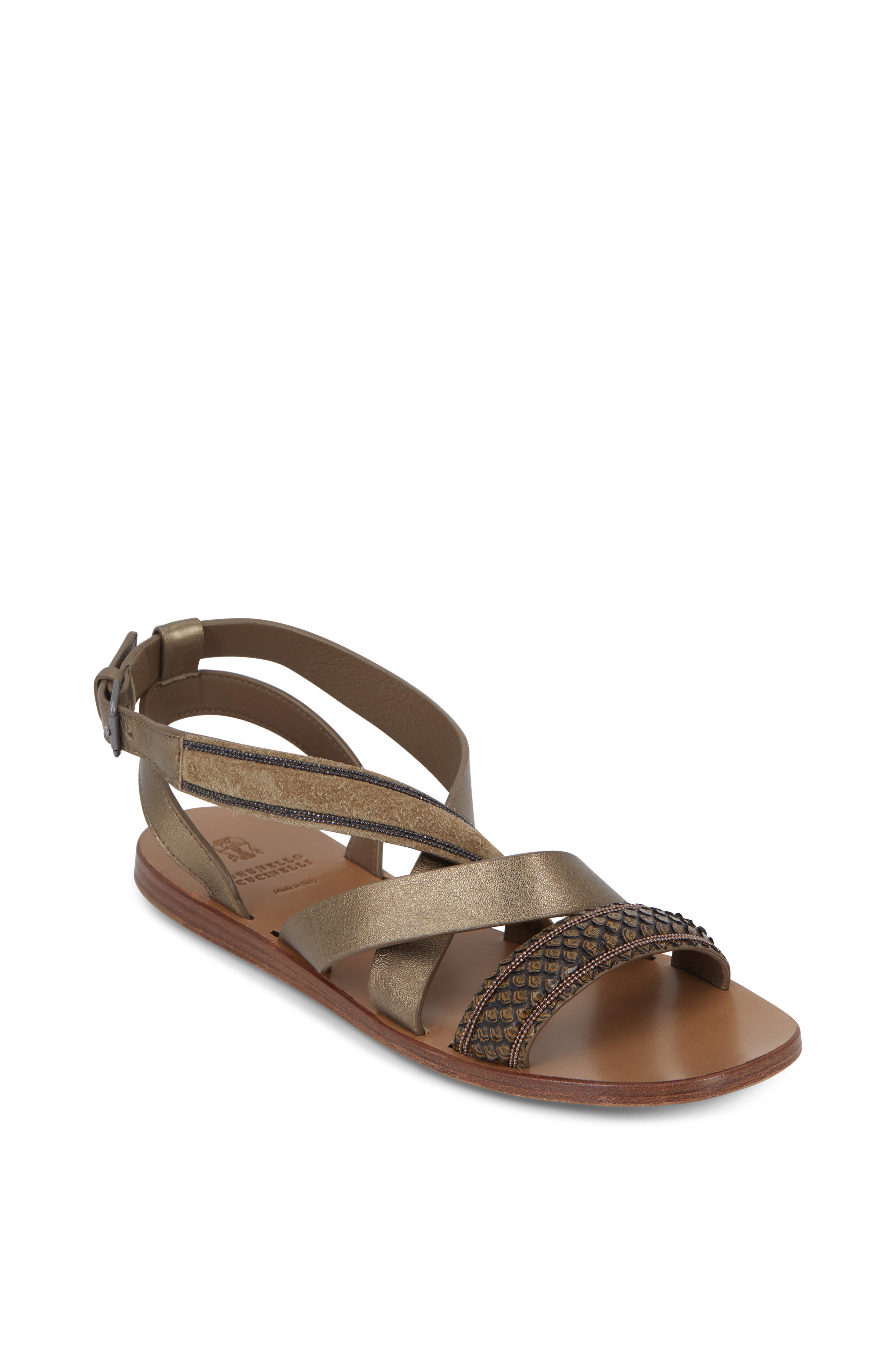 Brunello Cucinelli - Olive Mix-Media Criss-Cross Flat Sandal