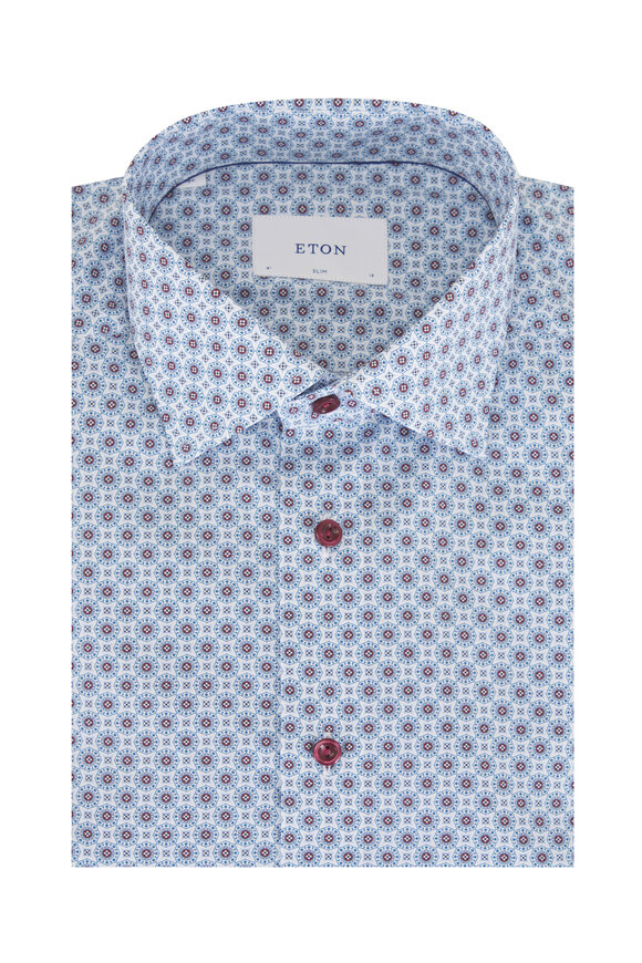 Eton Blue Geometric Print Cotton Dress Shirt