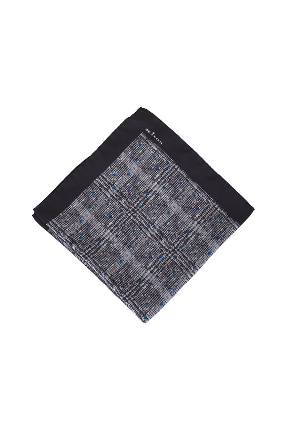 Kiton White & Navy Patterned Silk Pocket Square 