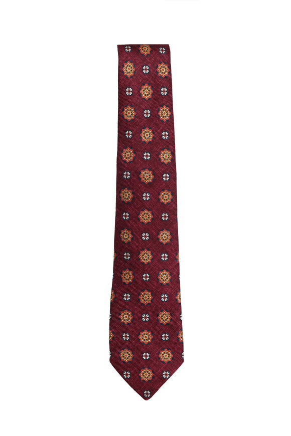 Kiton Cranberry & Orange Geometric Print Necktie