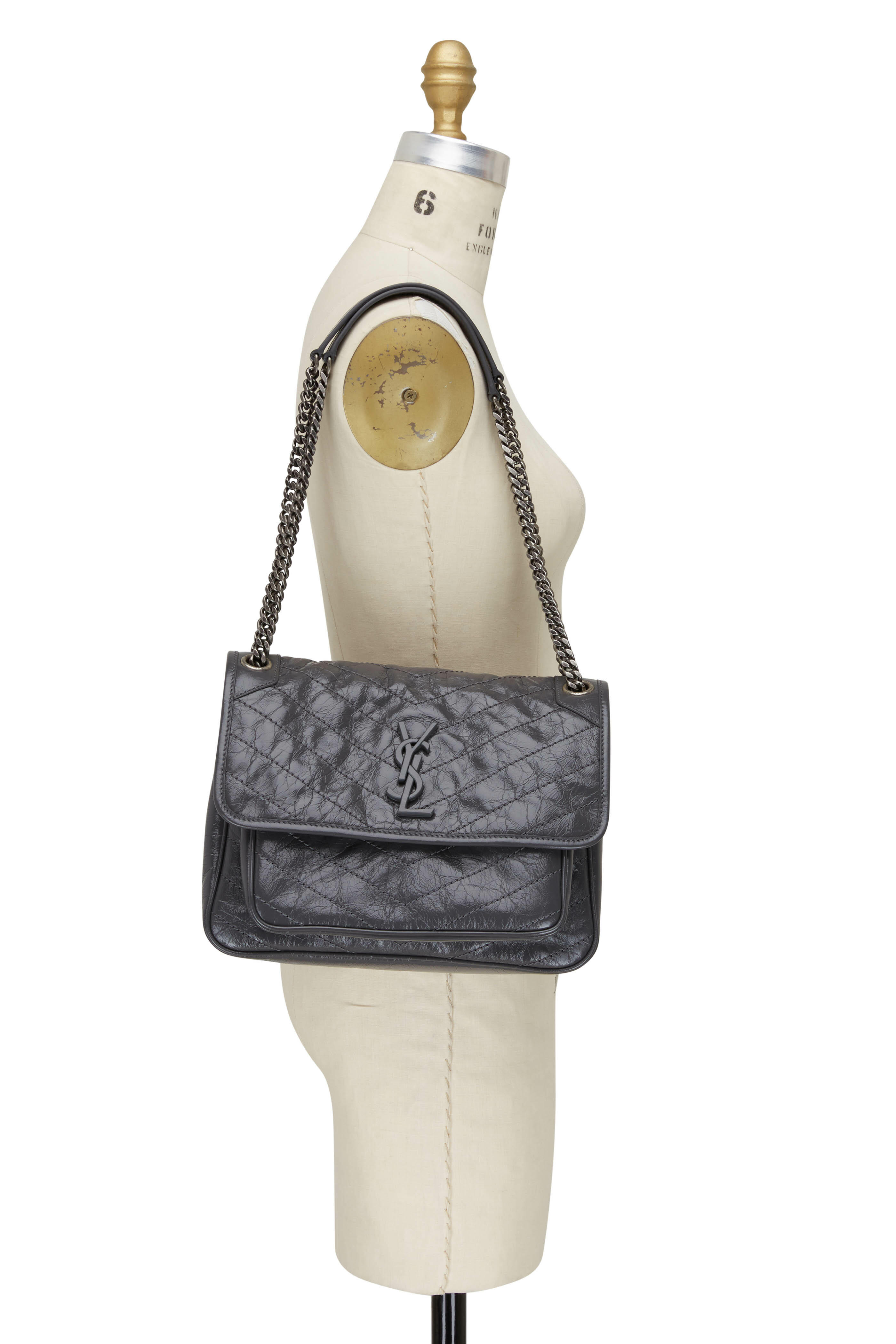 Yves Saint Laurent Grey Quilted Crinkle Leather Medium Niki Bag