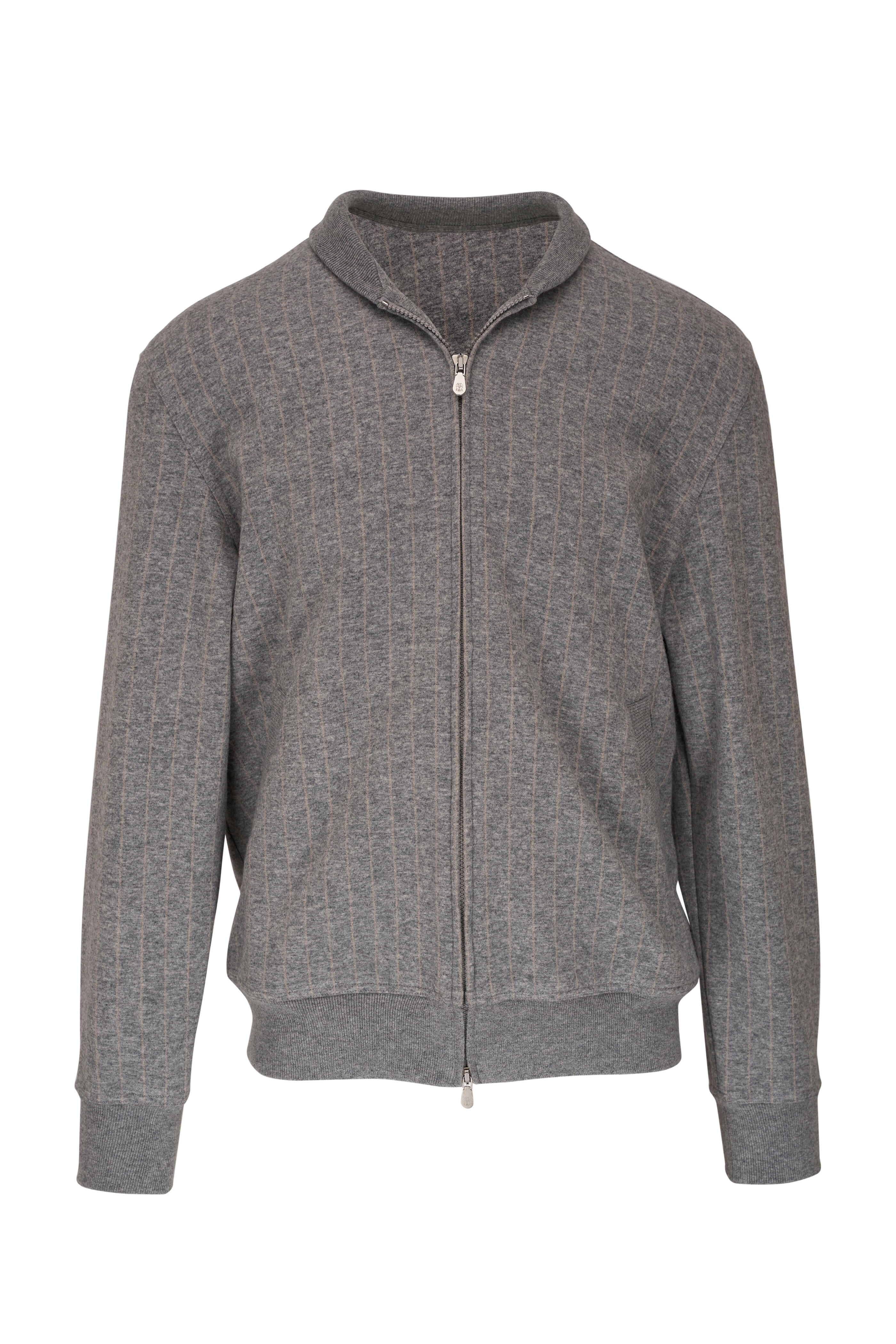 Brunello Cucinelli - Pearl Gray Striped Cashmere & Cotton Knit Bomber